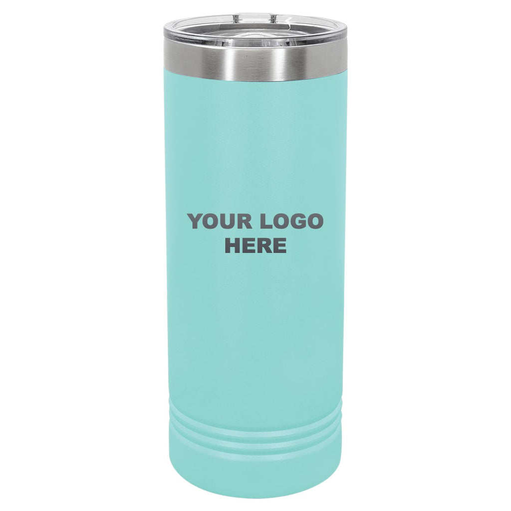 22 oz. skinny tumbler in Teal with YOUR LOGO HERE engraving placement