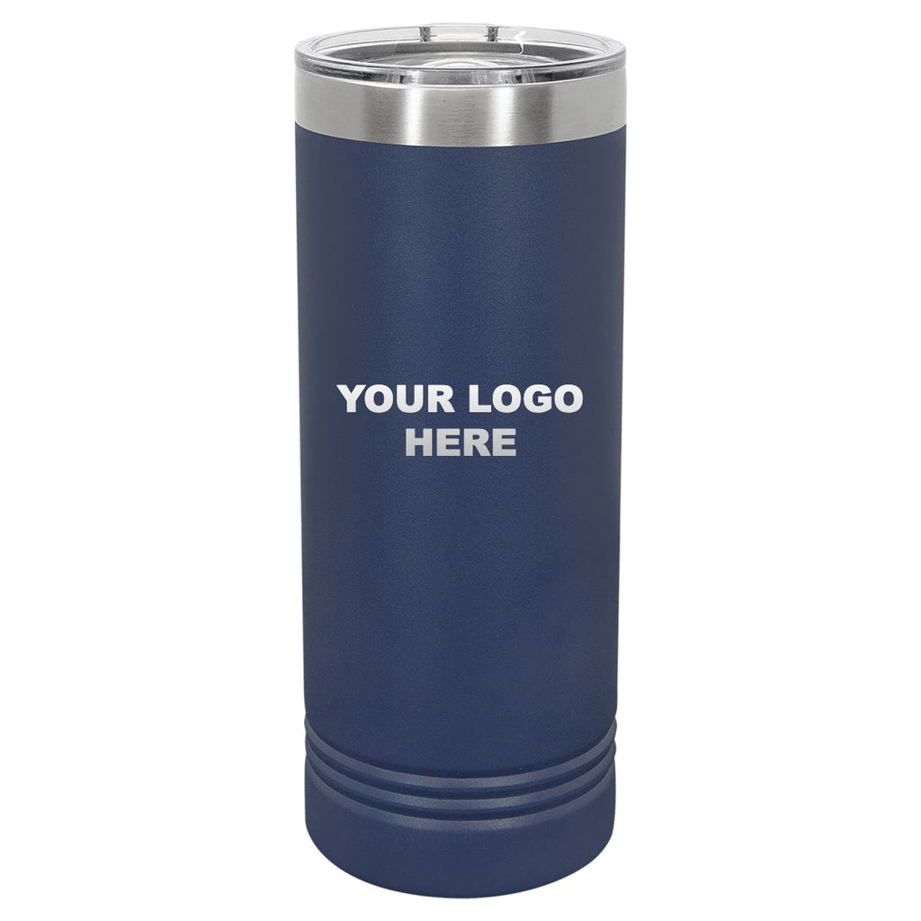 22 oz. skinny tumbler in Navy Blue with YOUR LOGO HERE engraving placement