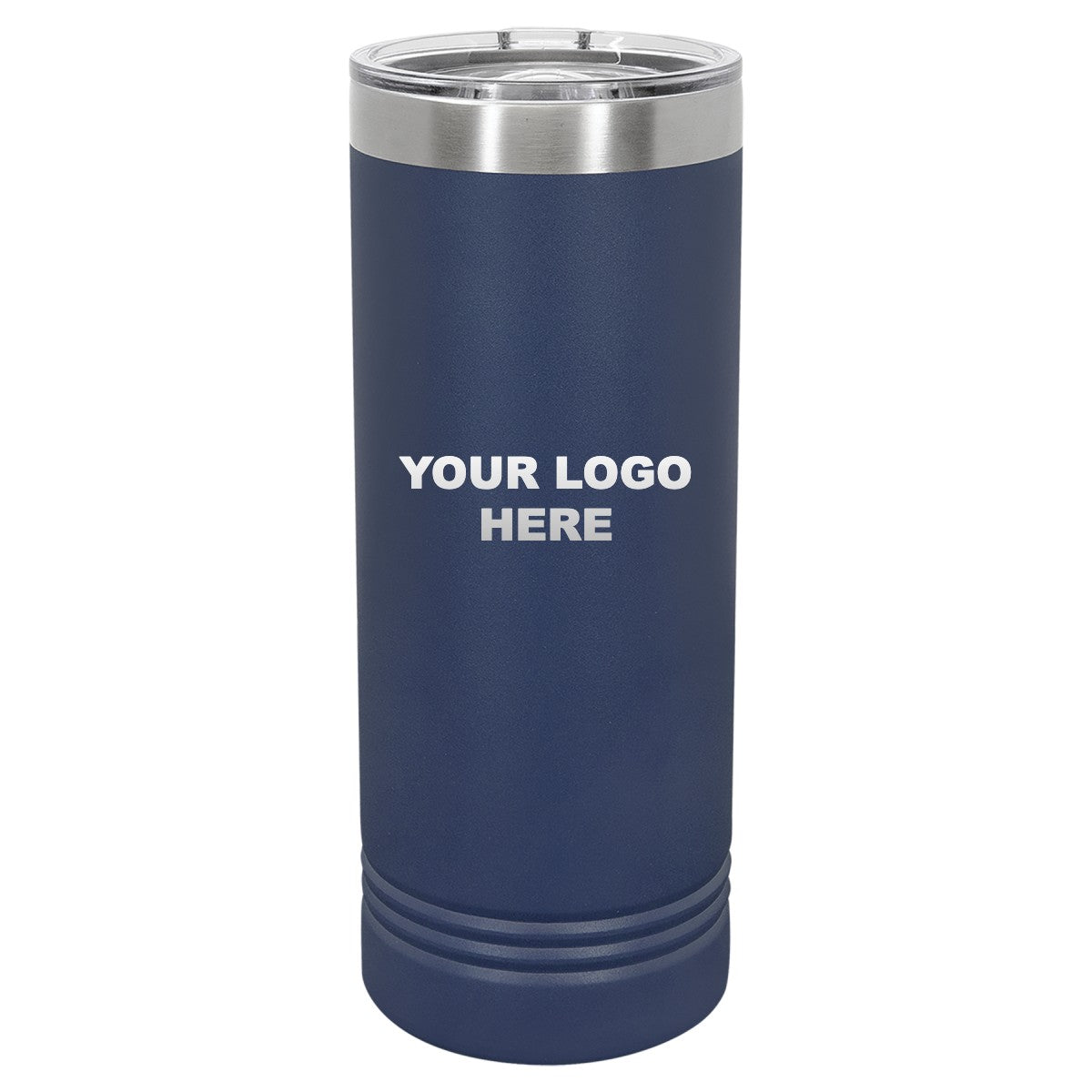 22 oz. skinny tumbler in Navy Blue with YOUR LOGO HERE engraving placement