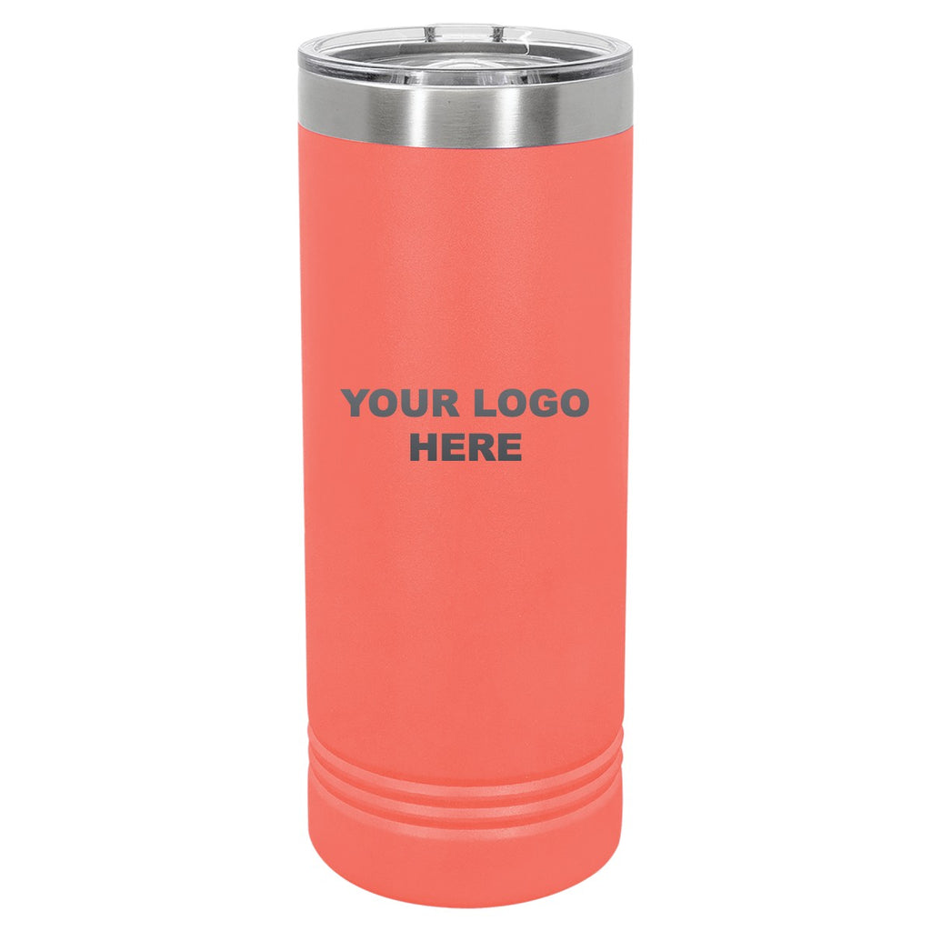 22 oz. skinny tumbler in Coral with YOUR LOGO HERE engraving placement