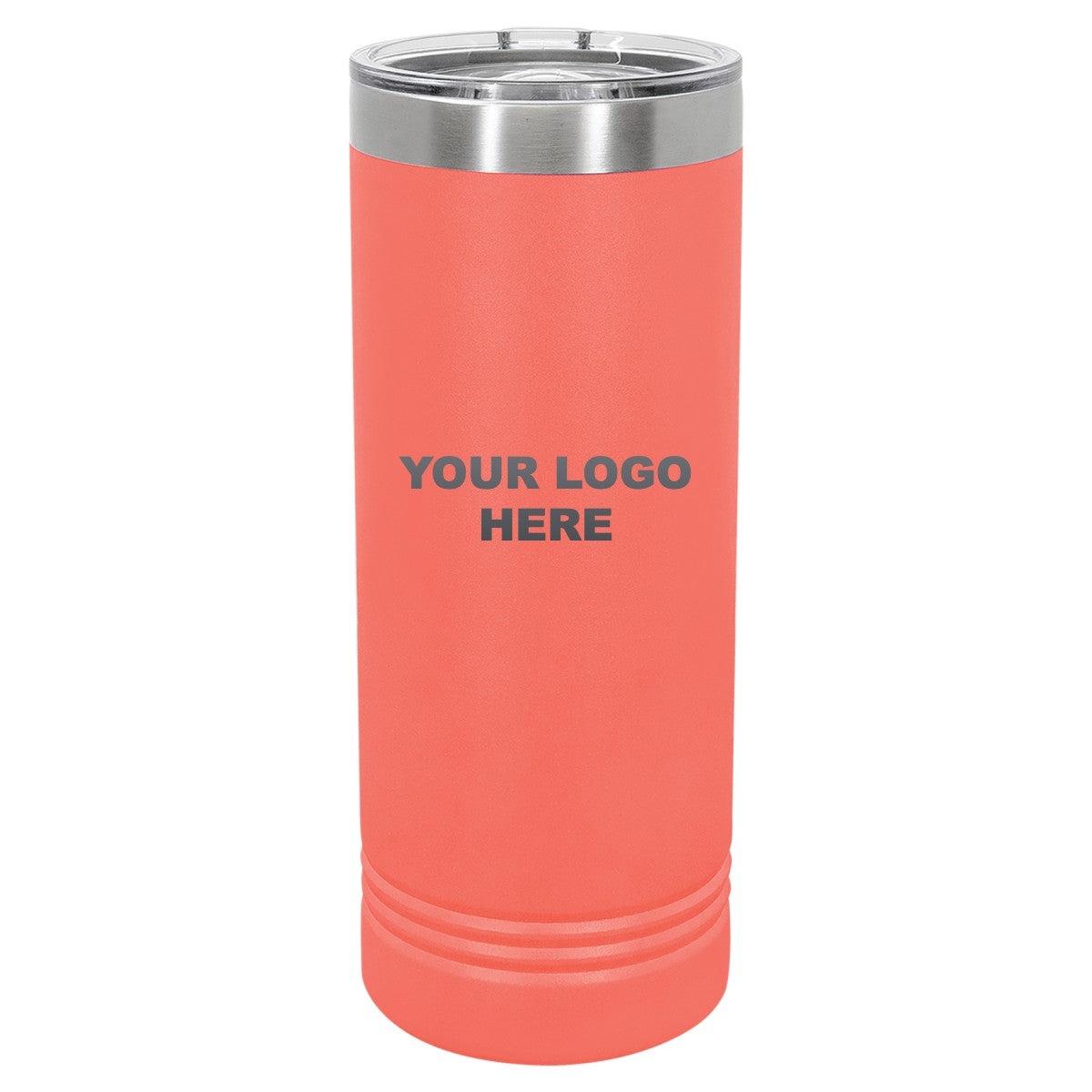 22 oz. skinny tumbler in Coral with YOUR LOGO HERE engraving placement