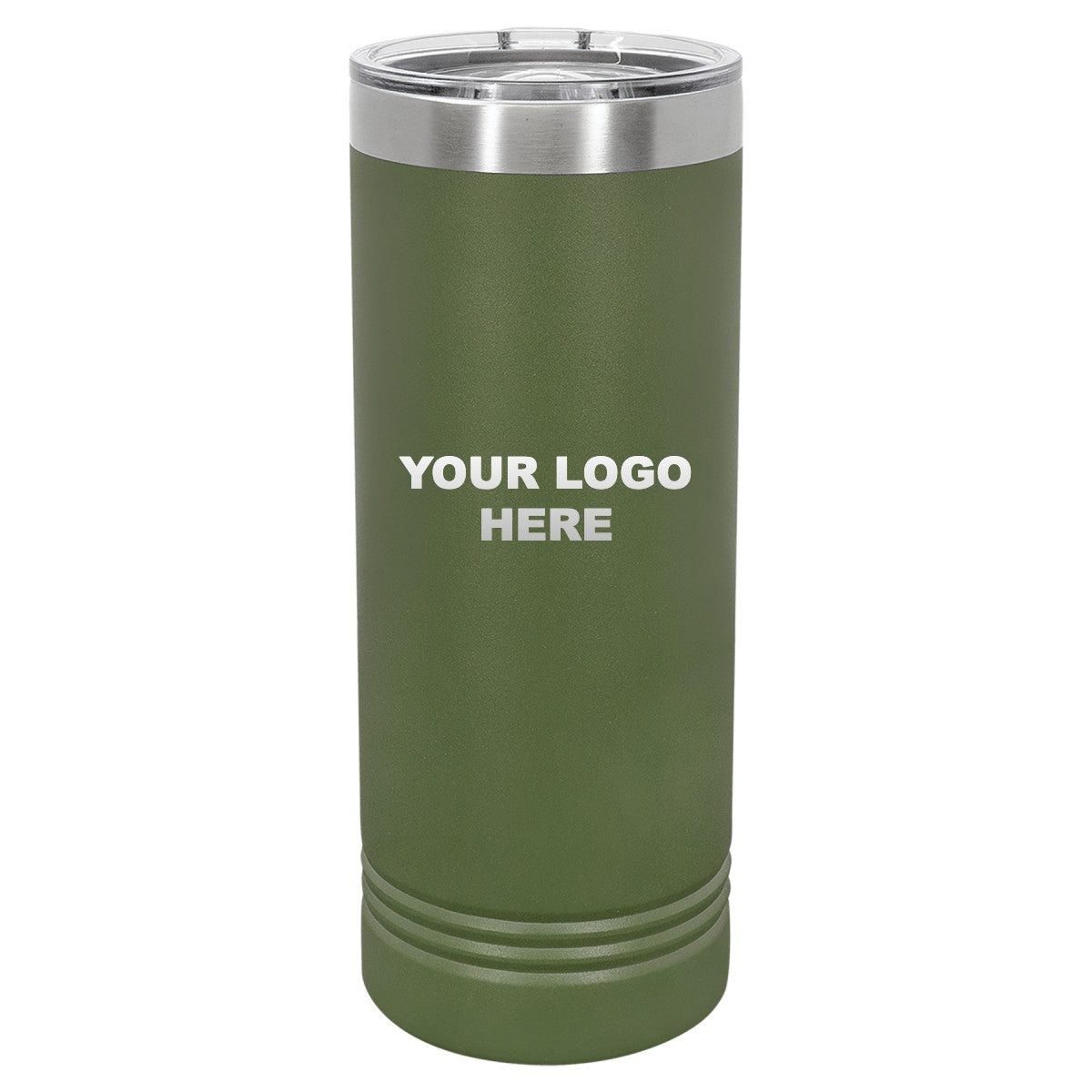22 oz. skinny tumbler in Olive Green with YOUR LOGO HERE engraving placement
