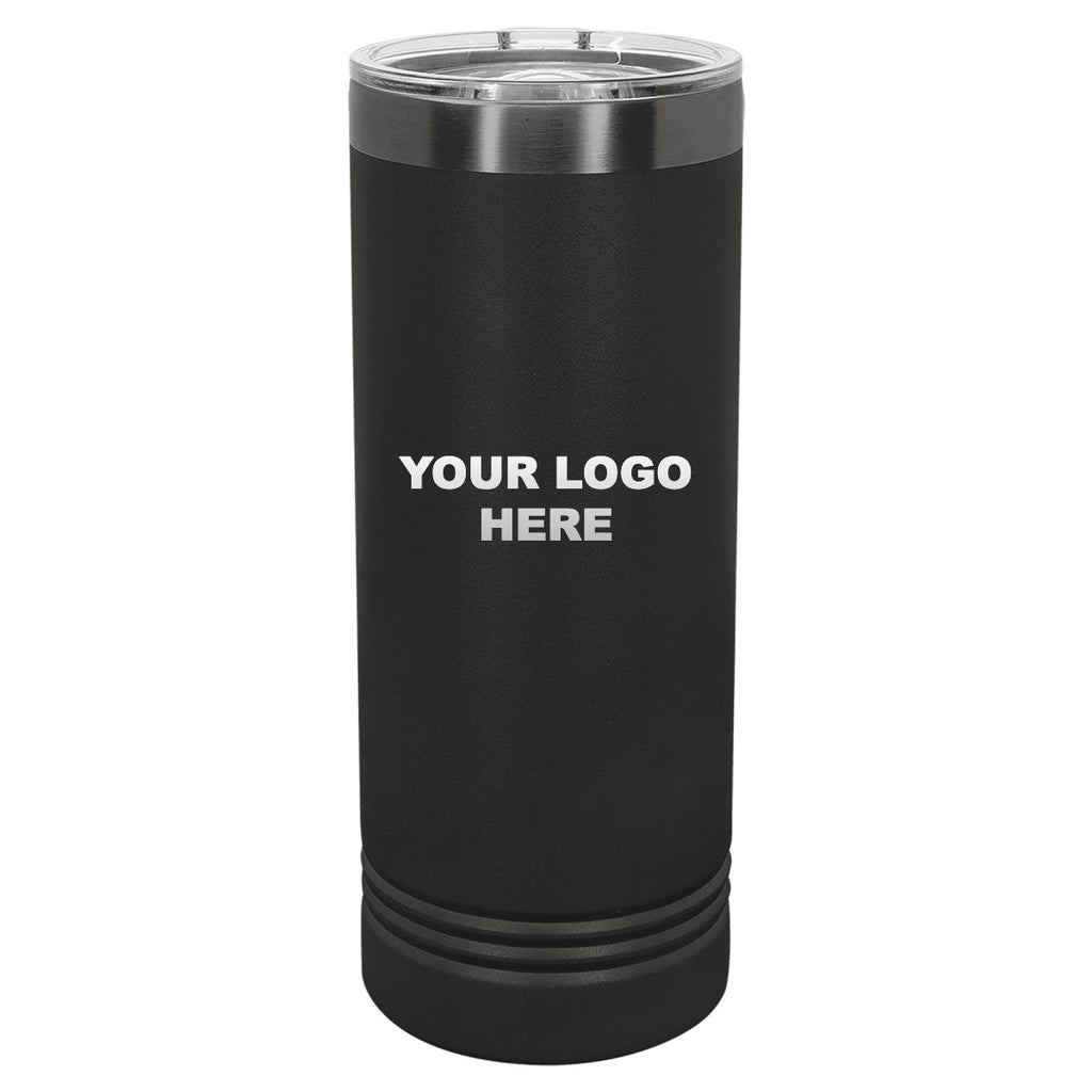 22 oz. skinny tumbler in Black/Ghost Black with YOUR LOGO HERE engraving placement