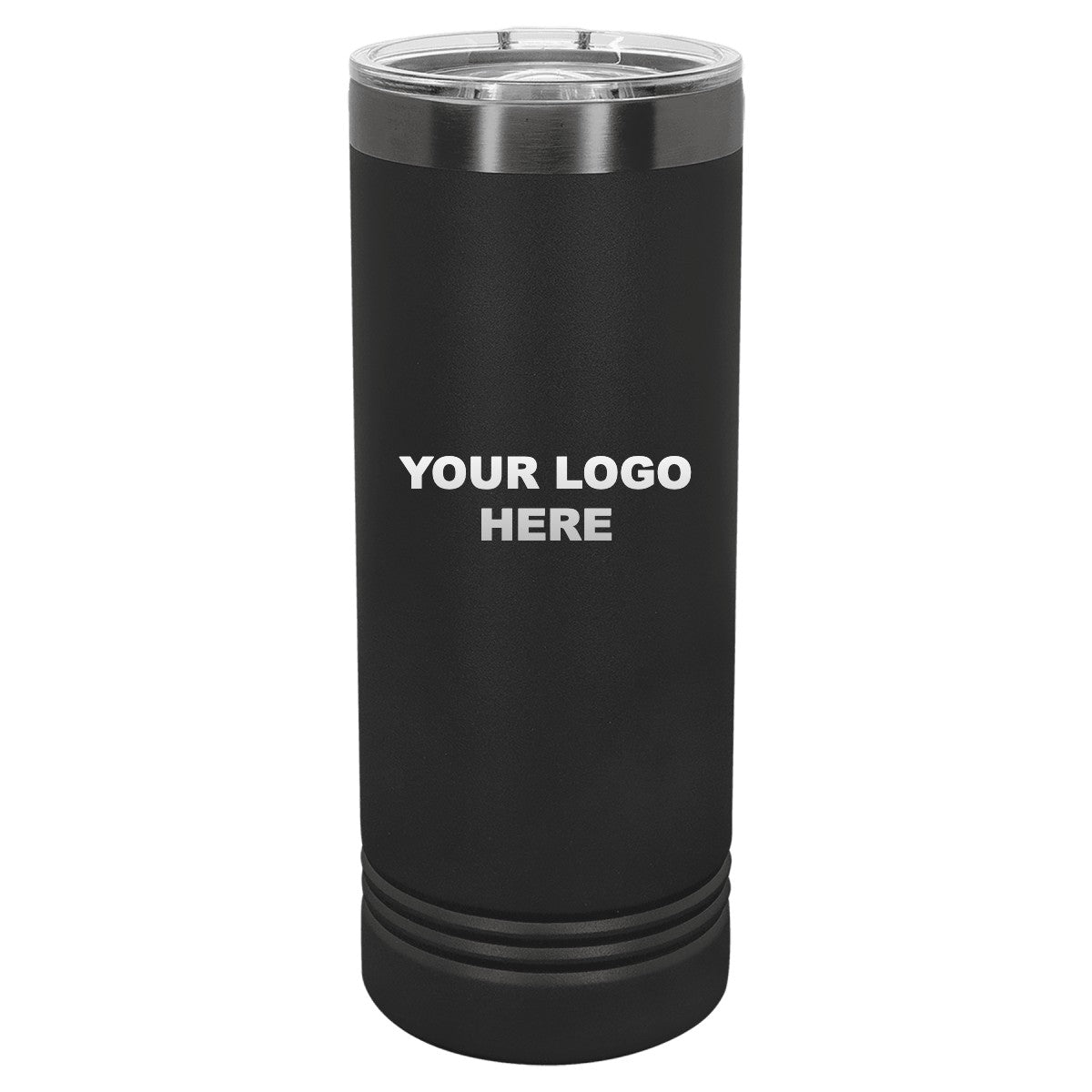 22 oz. skinny tumbler in Black/Ghost Black with YOUR LOGO HERE engraving placement