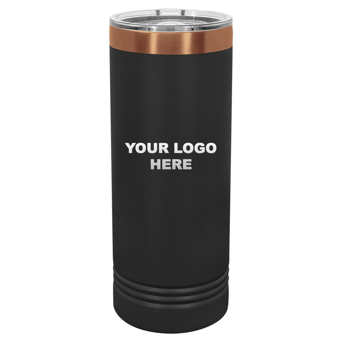 22 oz. skinny tumbler in Black/Rose Gold with YOUR LOGO HERE engraving placement