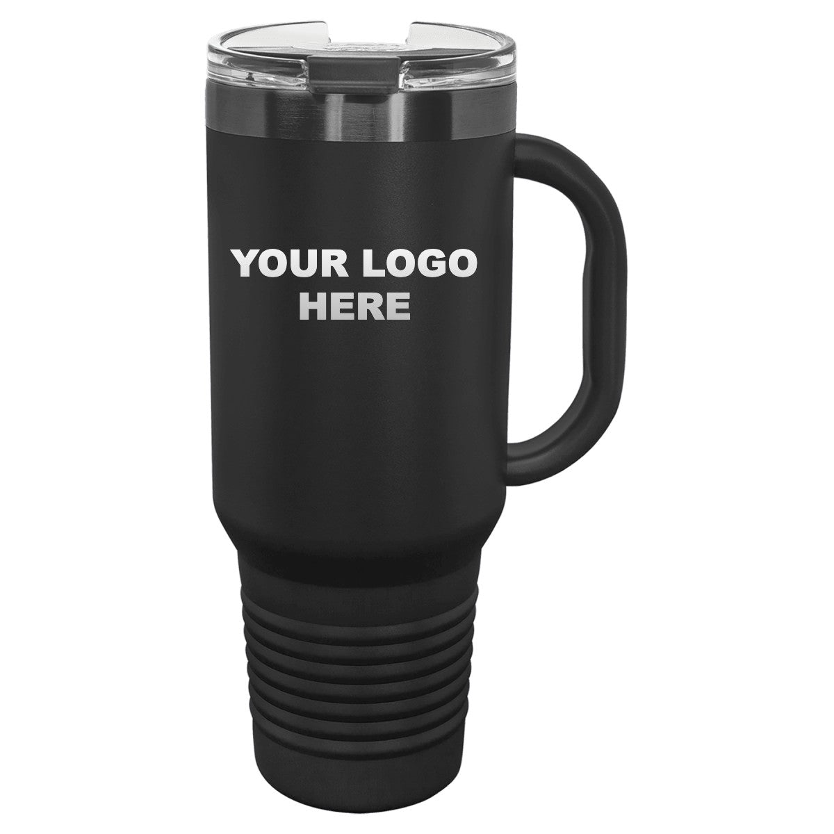 40 oz. tumbler with handle in Black/Ghost Black with YOUR LOGO HERE engraving placement