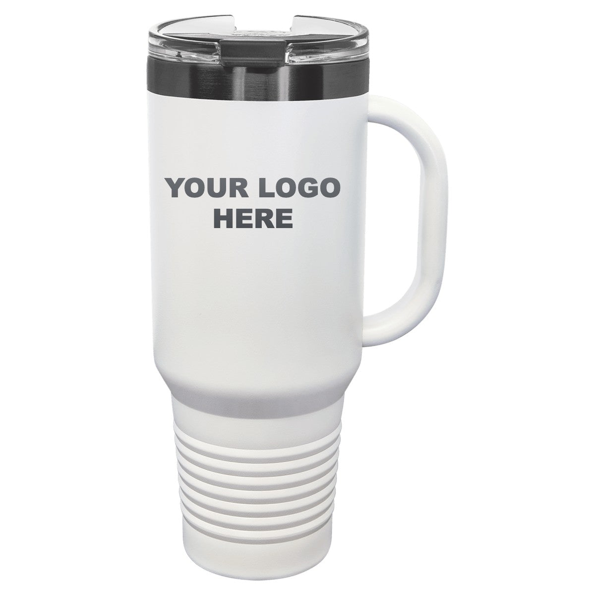 40 oz. tumbler with handle in White/Ghost Black with YOUR LOGO HERE engraving placement