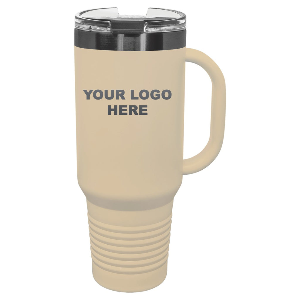 40 oz. tumbler with handle in Warm Sand/Ghost Black with YOUR LOGO HERE engraving placement