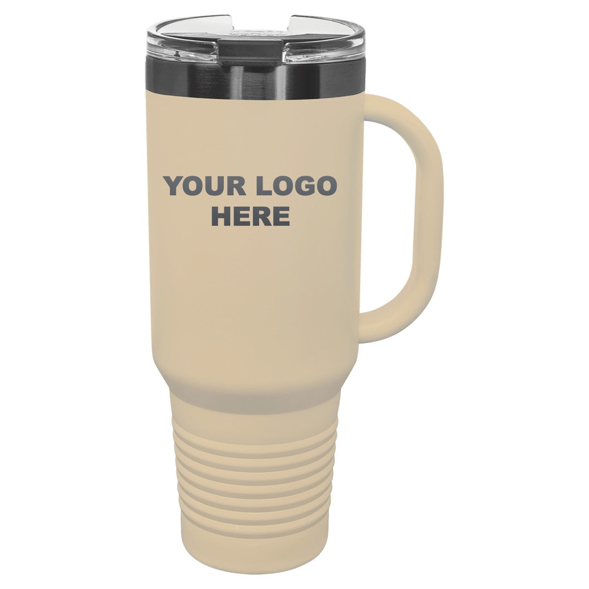 40 oz. tumbler with handle in Warm Sand/Ghost Black with YOUR LOGO HERE engraving placement