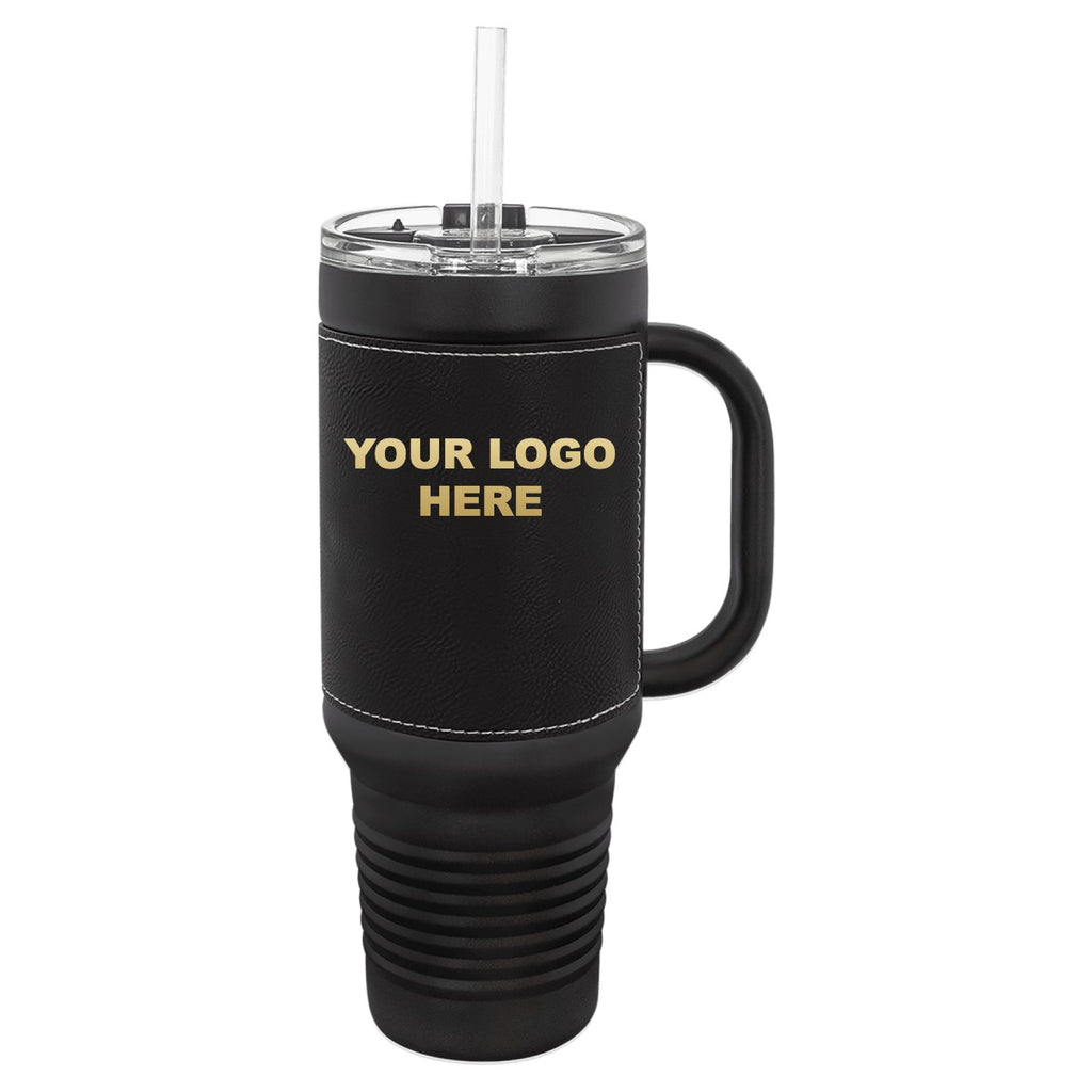 40 oz. tumbler with Black/Silver leatherette wrap and YOUR LOGO HERE engraving placement