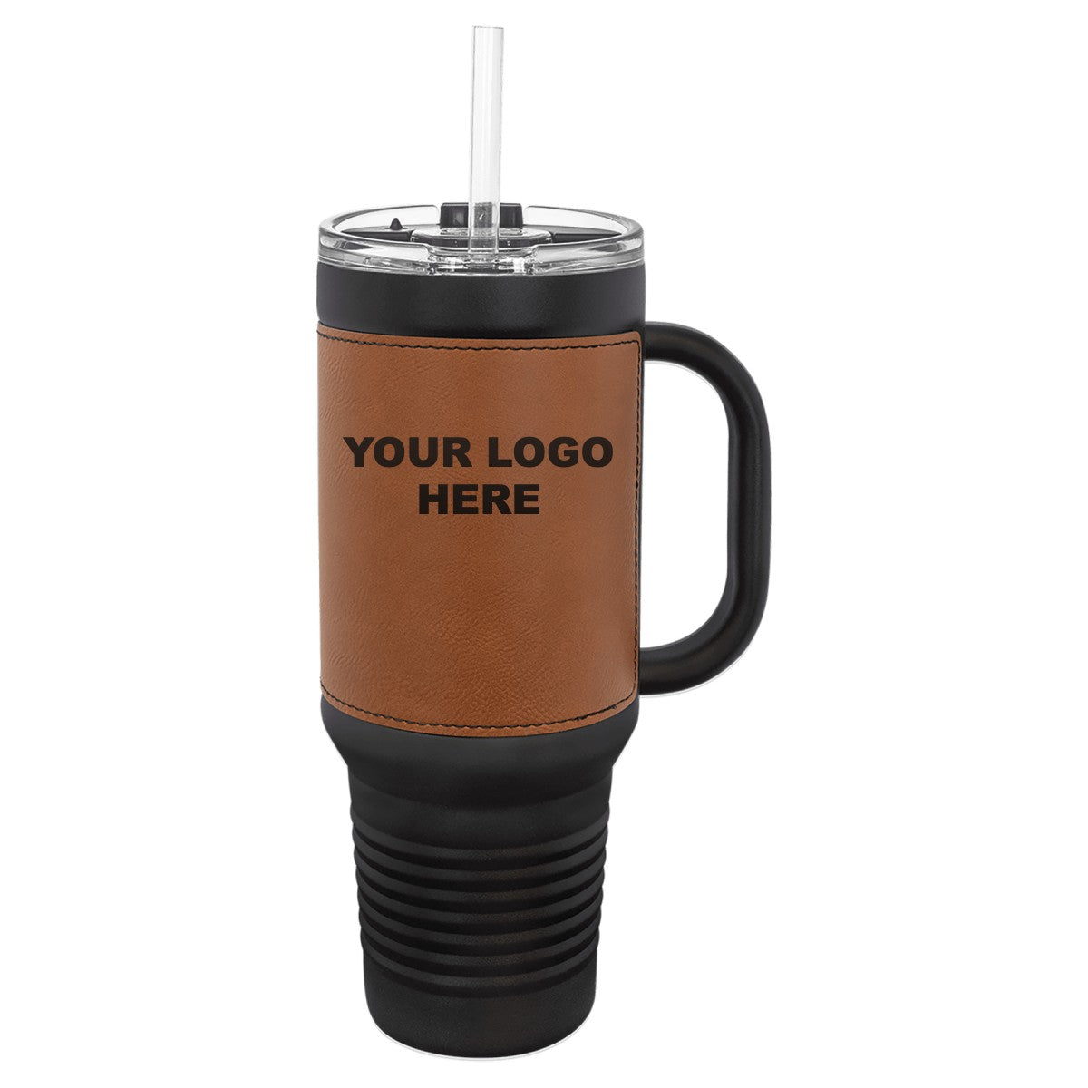 40 oz. tumbler with Rawhide leatherette wrap and YOUR LOGO HERE engraving placement