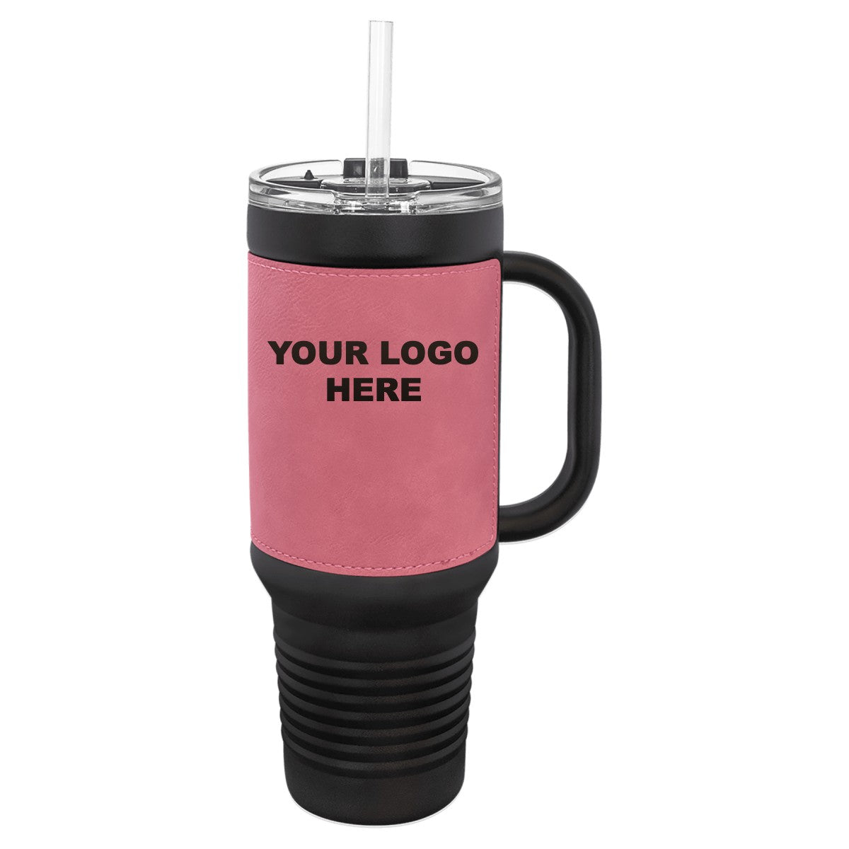 40 oz. tumbler with Pink leatherette wrap and YOUR LOGO HERE engraving placement