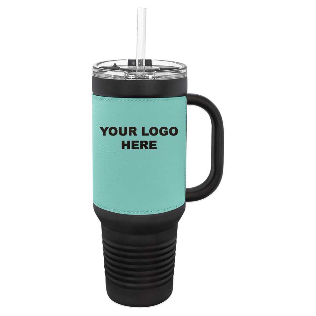 40 oz. tumbler with Teal leatherette wrap and YOUR LOGO HERE engraving placement