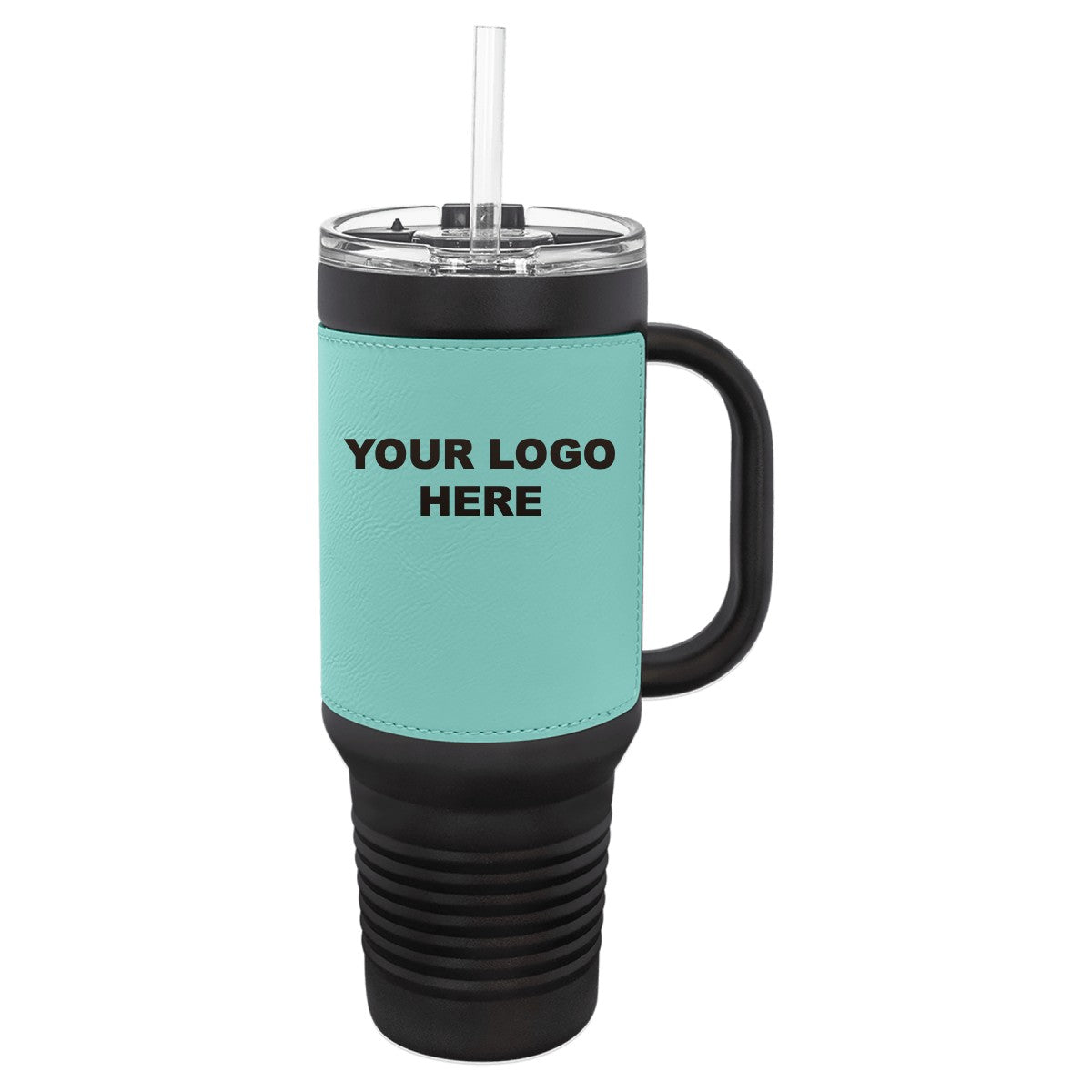 40 oz. tumbler with Teal leatherette wrap and YOUR LOGO HERE engraving placement