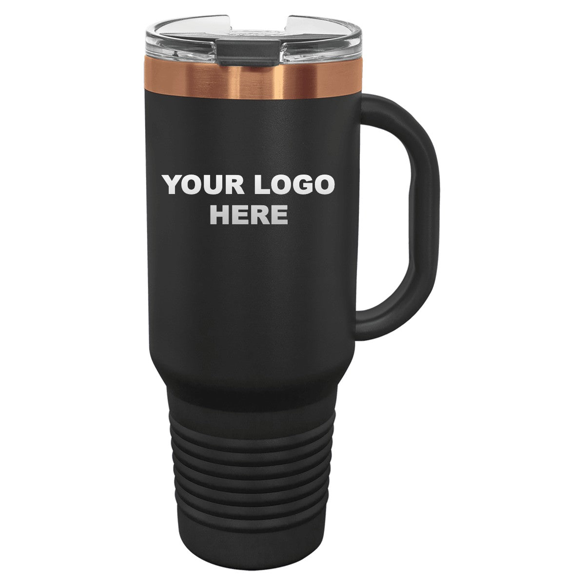 40 oz. tumbler with handle in Black/Rose Gold with YOUR LOGO HERE engraving placement