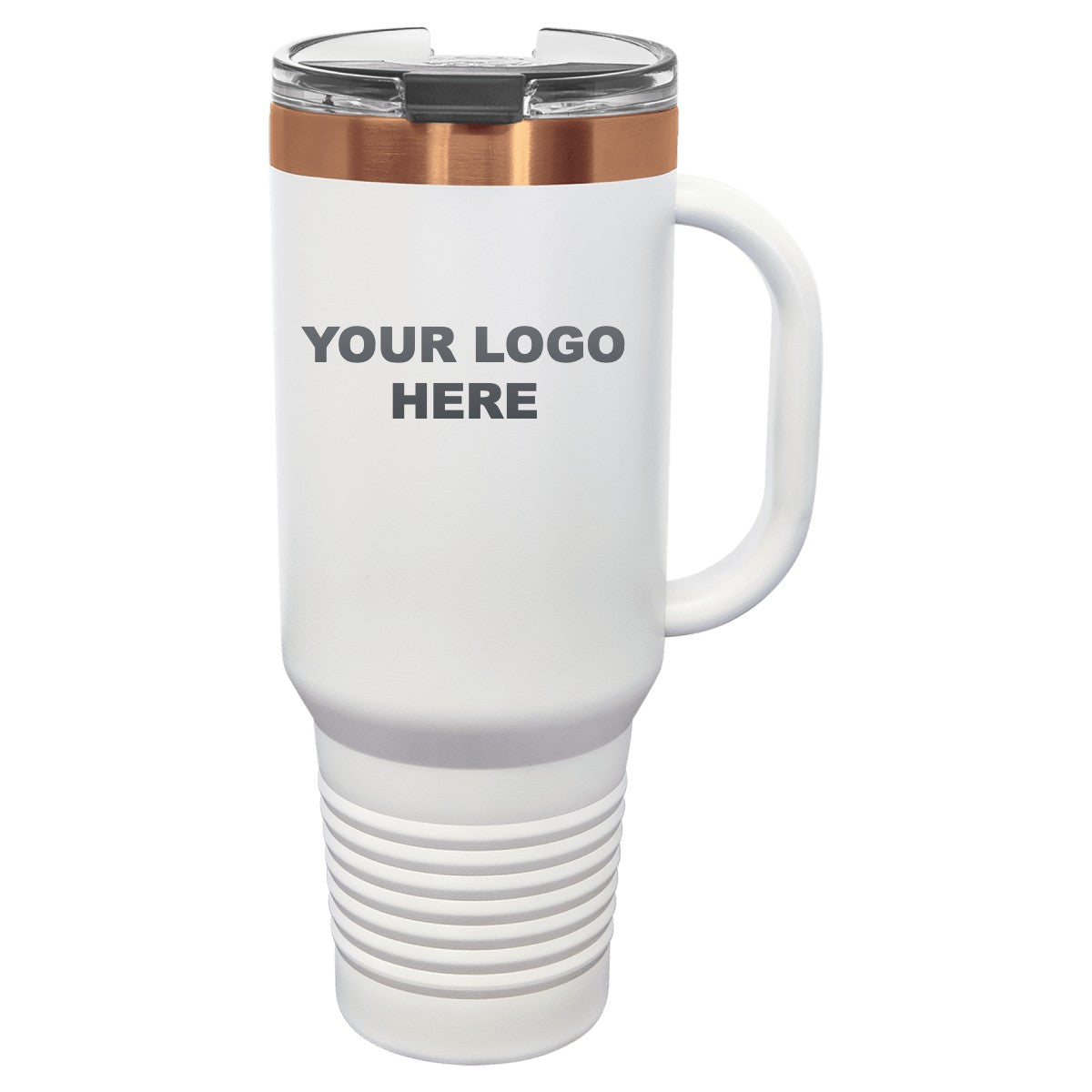 40 oz. tumbler with handle in White/Rose Gold with YOUR LOGO HERE engraving placement