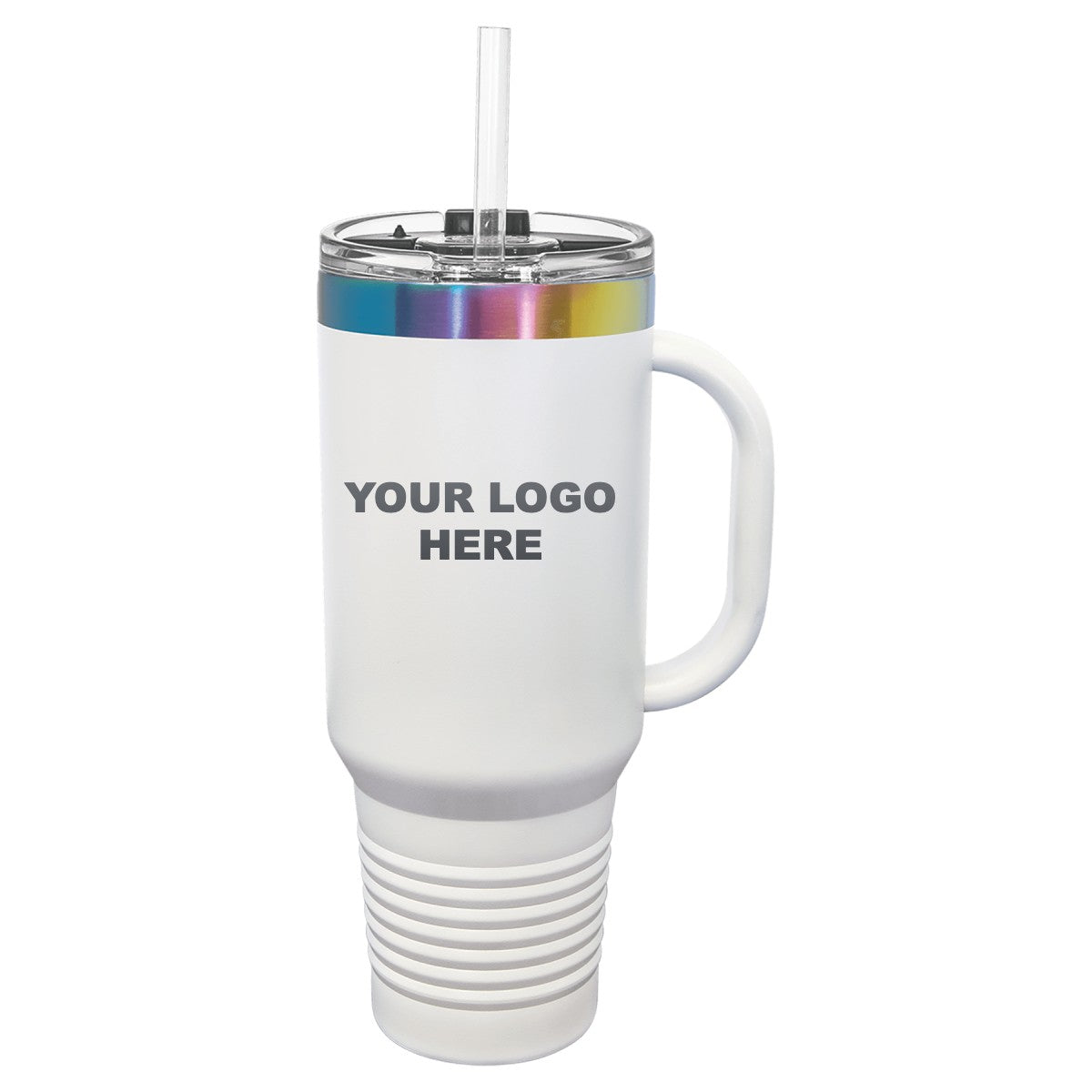 40 oz. tumbler with handle in White/Prism with YOUR LOGO HERE engraving placement