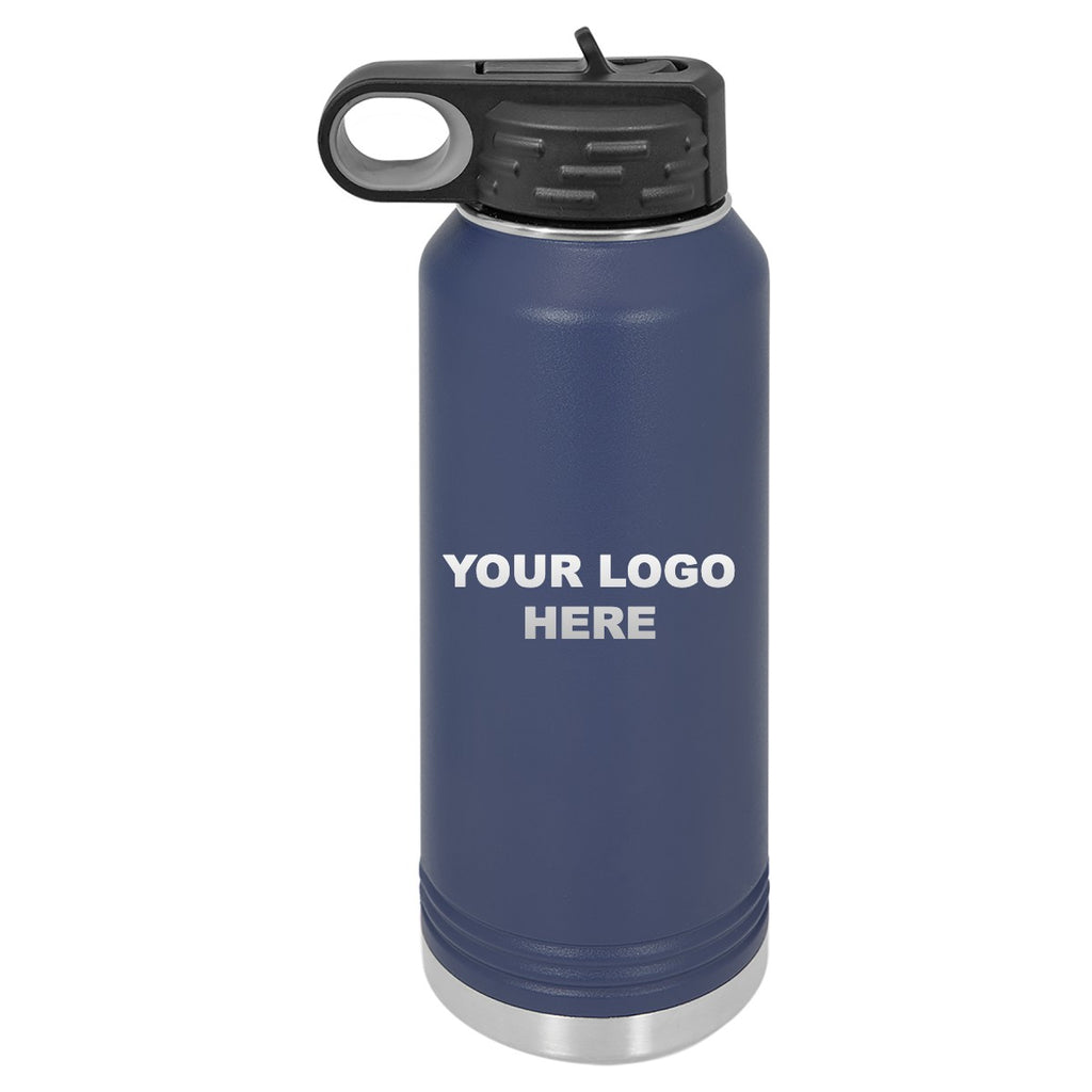32 oz. water bottle in Navy Blue with YOUR LOGO HERE engraving placement