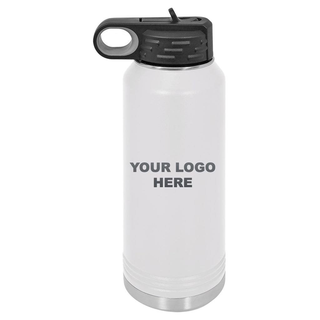 32 oz. water bottle in White with YOUR LOGO HERE engraving placement