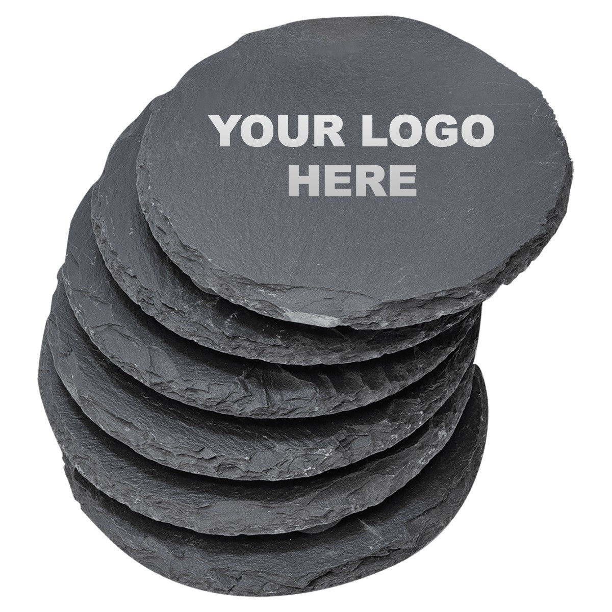 Round slate coaster set with YOUR LOGO HERE engraving placement