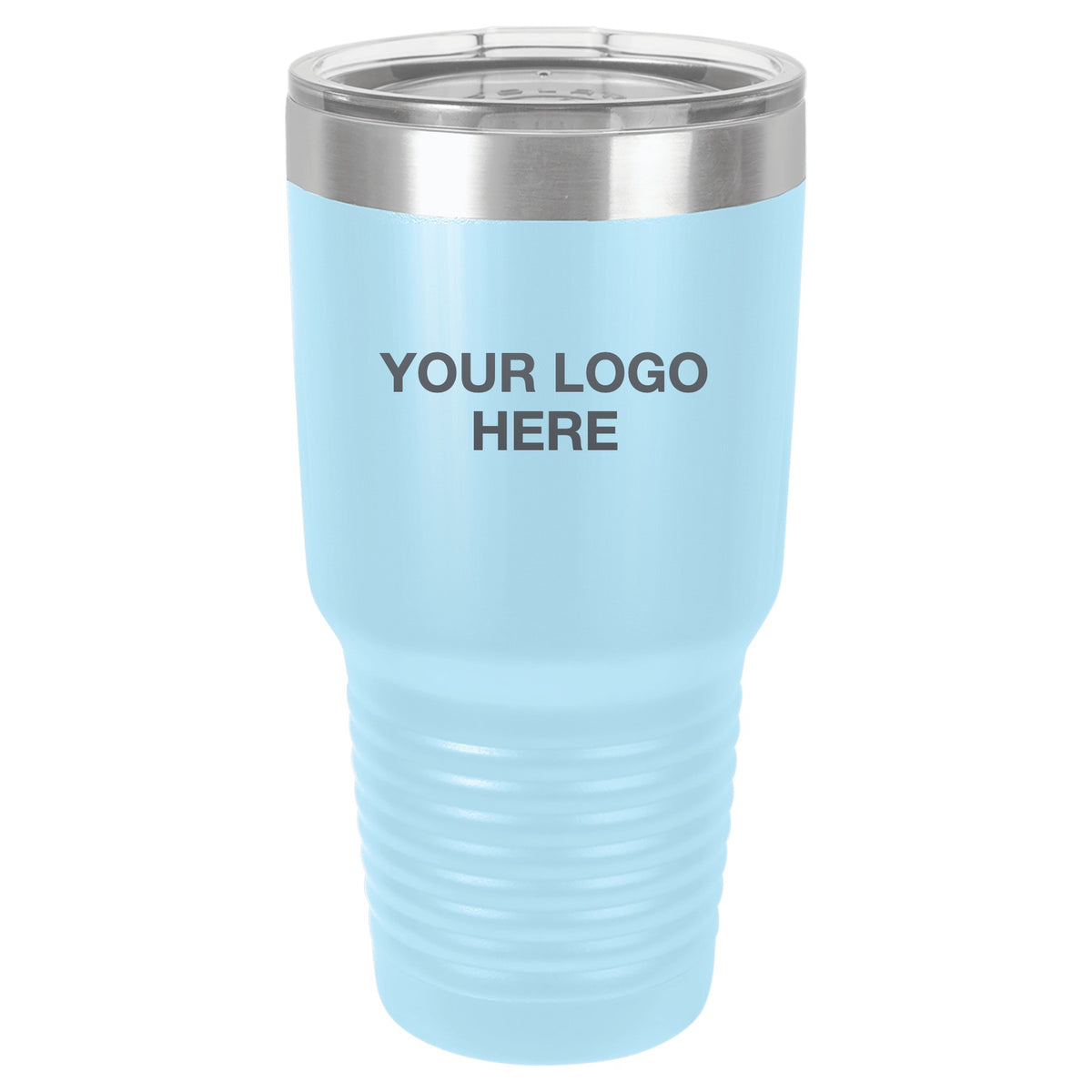 30 oz ringneck tumbler in Light Blue with Your Logo Here engraving area (sample mockup)