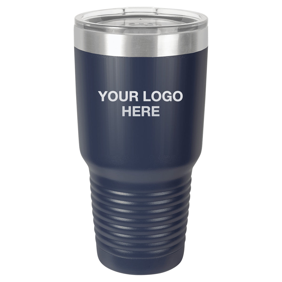 30 oz ringneck tumbler in Navy with Your Logo Here engraving area (sample mockup)