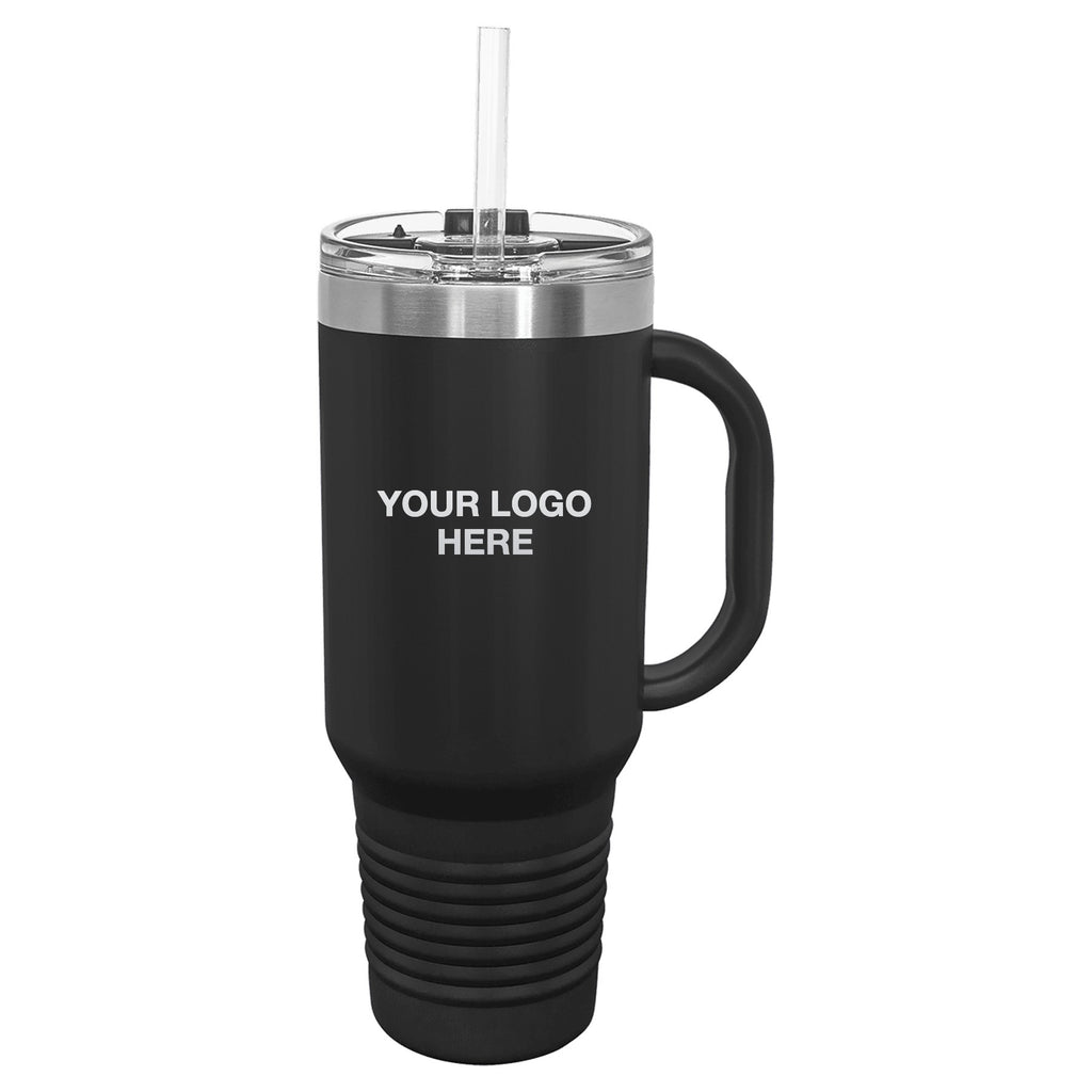 40 oz travel mug in Black with Your Logo Here engraving area (sample mockup)