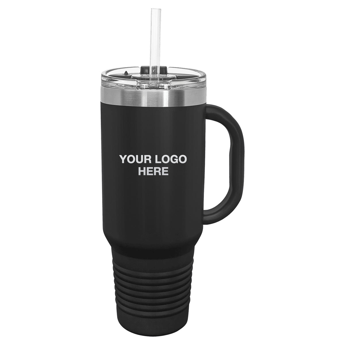 40 oz travel mug in Black with Your Logo Here engraving area (sample mockup)