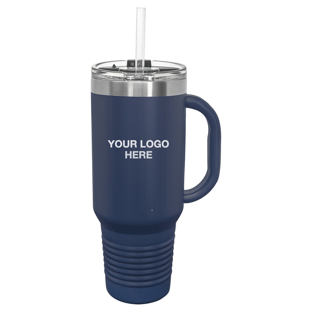 40 oz travel mug in Navy with Your Logo Here engraving area (sample mockup)