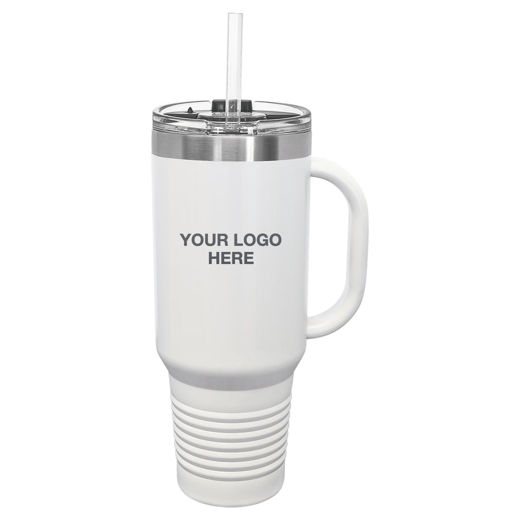 40 oz travel mug in White with Your Logo Here engraving area (sample mockup)