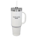 40 oz travel mug in White with Your Logo Here engraving area (sample mockup)