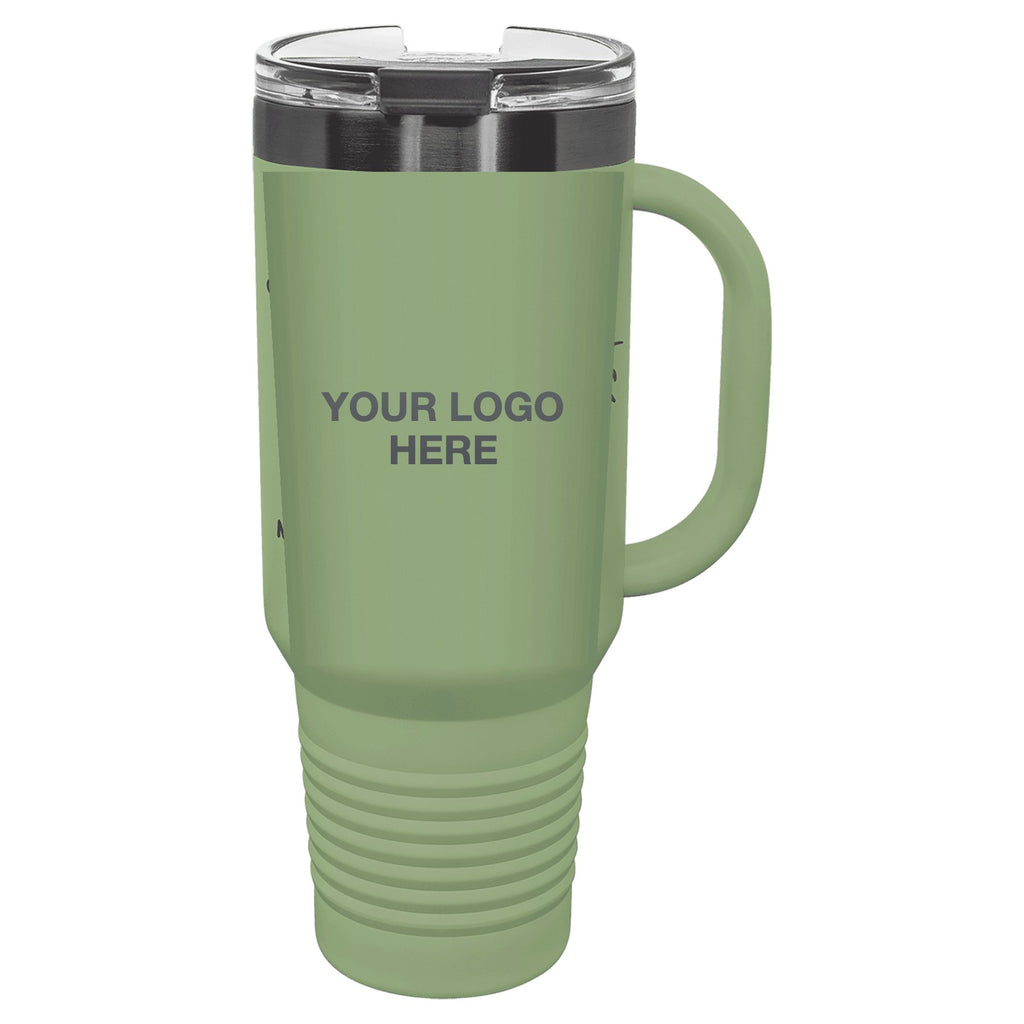 40 oz travel mug in Forest Green with Your Logo Here engraving area (sample mockup)