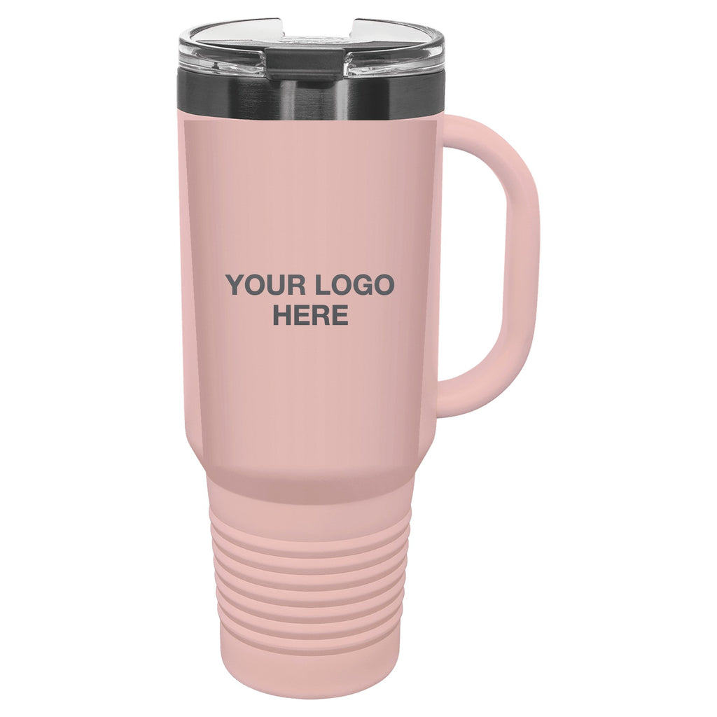40 oz travel mug in Light Pink with Your Logo Here engraving area (sample mockup)