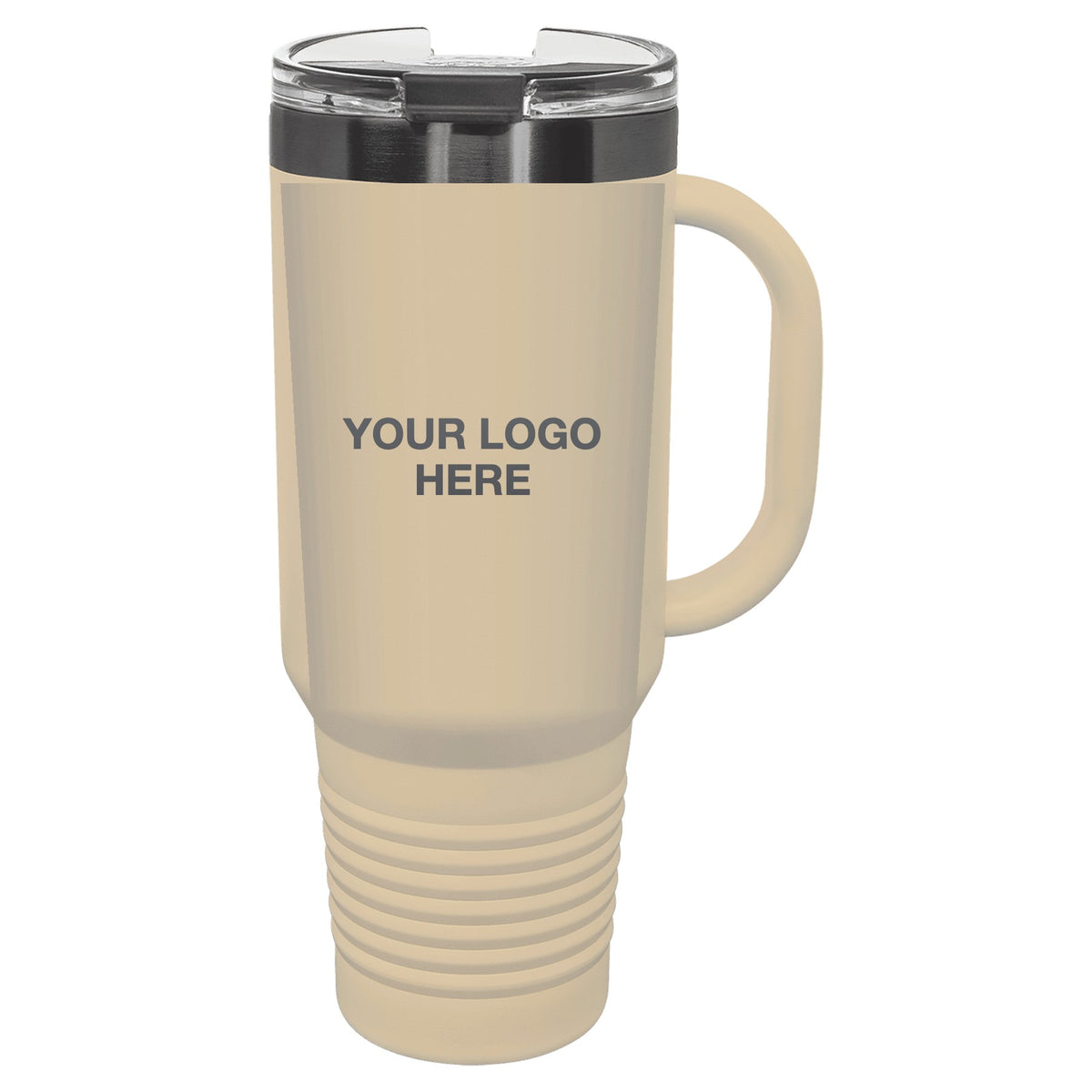 40 oz travel mug in Sand with Your Logo Here engraving area (sample mockup)