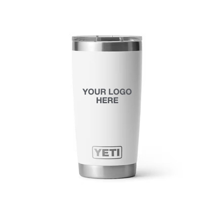 20 oz YETI Rambler in White with Your Logo Here engraving area (sample mockup)