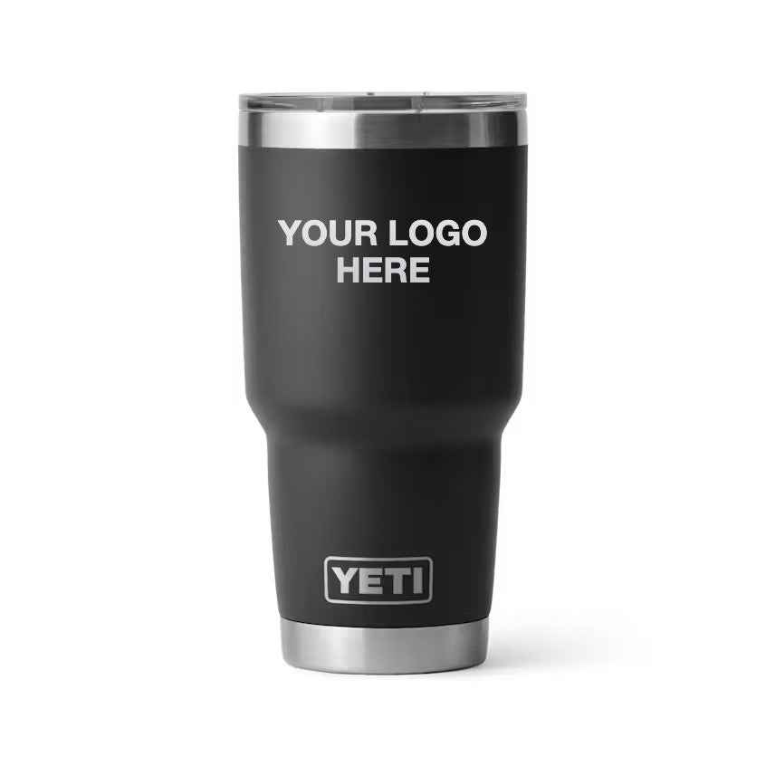 30 oz YETI Tumbler in Black with Your Logo Here engraving area (sample mockup)
