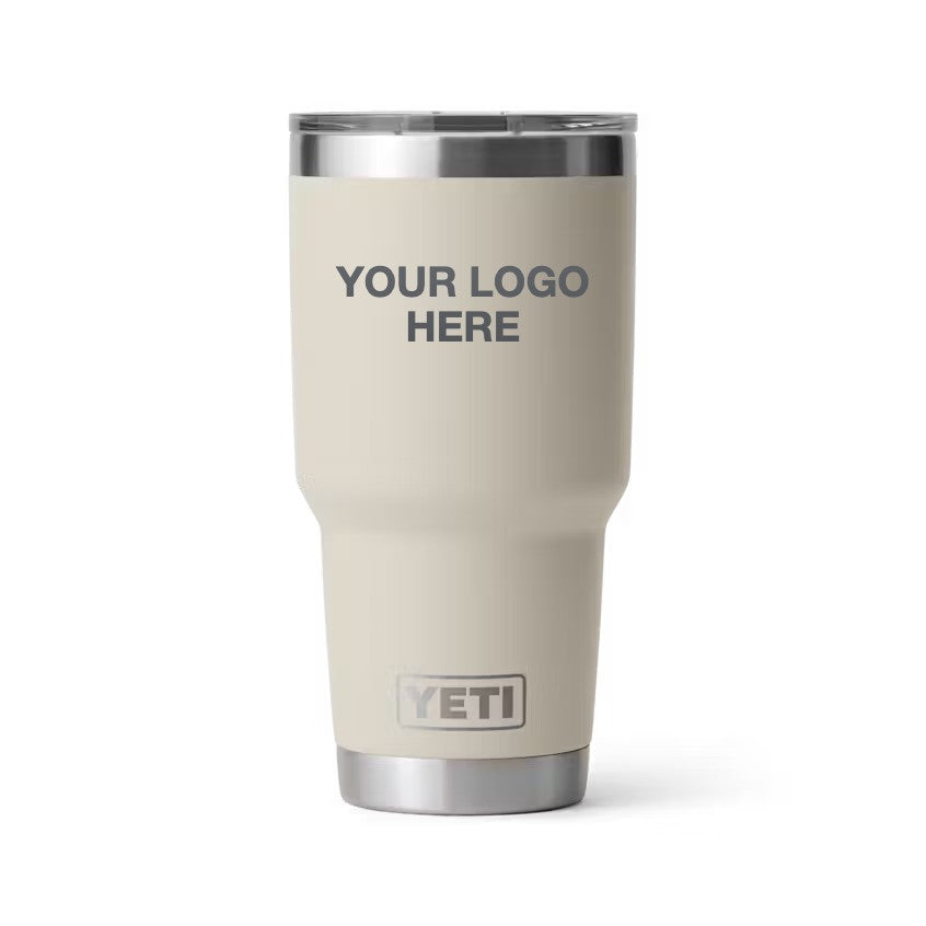 30 oz YETI Tumbler in Cape Taupe with Your Logo Here engraving area (sample mockup)