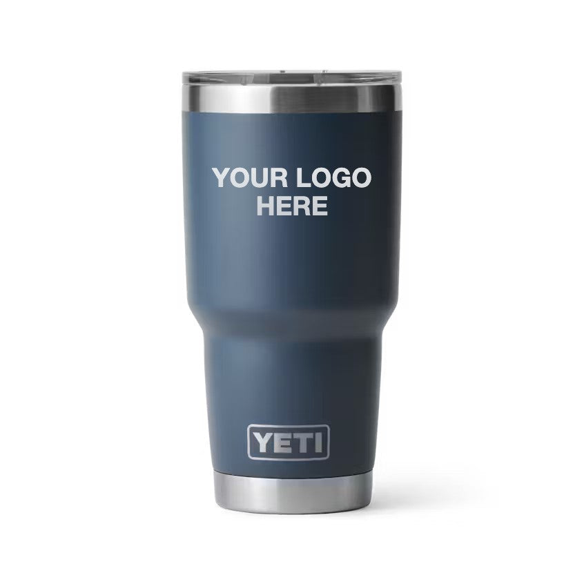 30 oz YETI Tumbler in Navy with Your Logo Here engraving area (sample mockup)