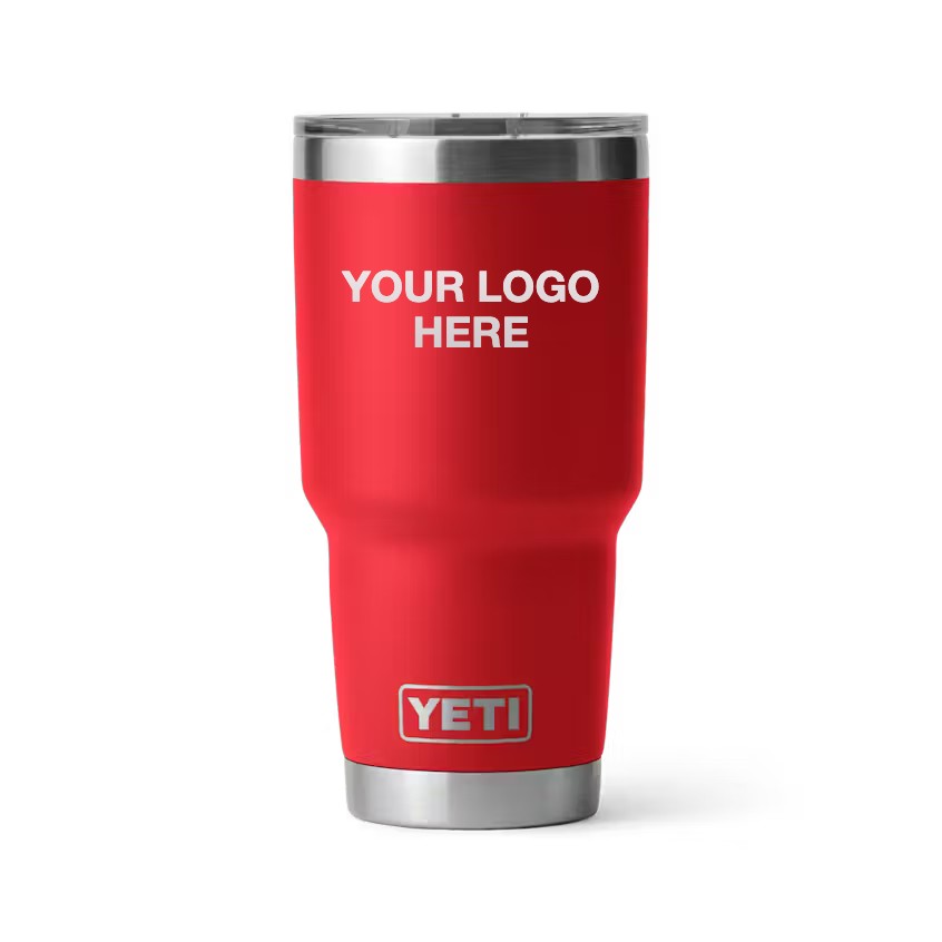 30 oz YETI Tumbler in Red with Your Logo Here engraving area (sample mockup)