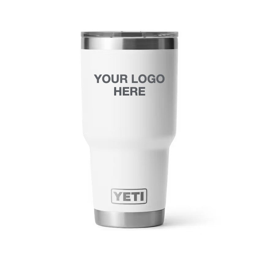 30 oz YETI Tumbler in White with Your Logo Here engraving area (sample mockup)