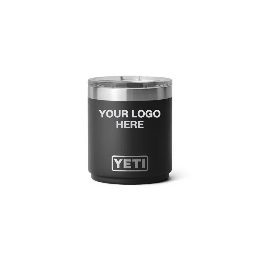 10 oz YETI Lowball in Black with Your Logo Here engraving area (sample mockup)