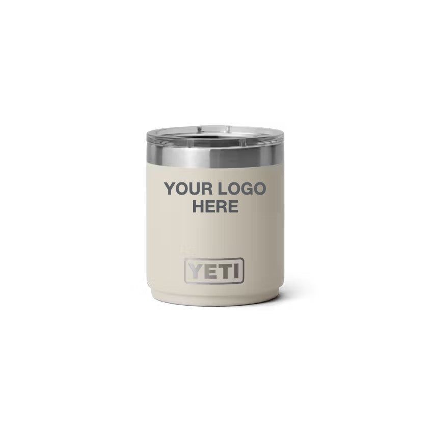 10 oz YETI Lowball in Cape Taupe with Your Logo Here engraving area (sample mockup)