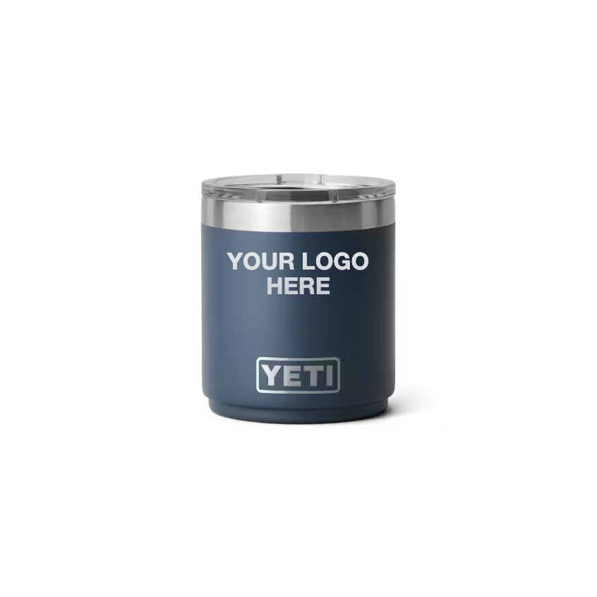 10 oz YETI Lowball in Navy with Your Logo Here engraving area (sample mockup)