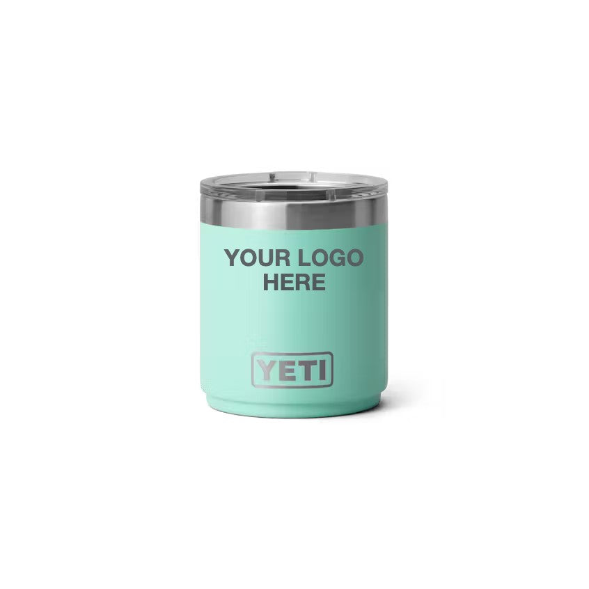 10 oz YETI Lowball in Sea Foam with Your Logo Here engraving area (sample mockup)