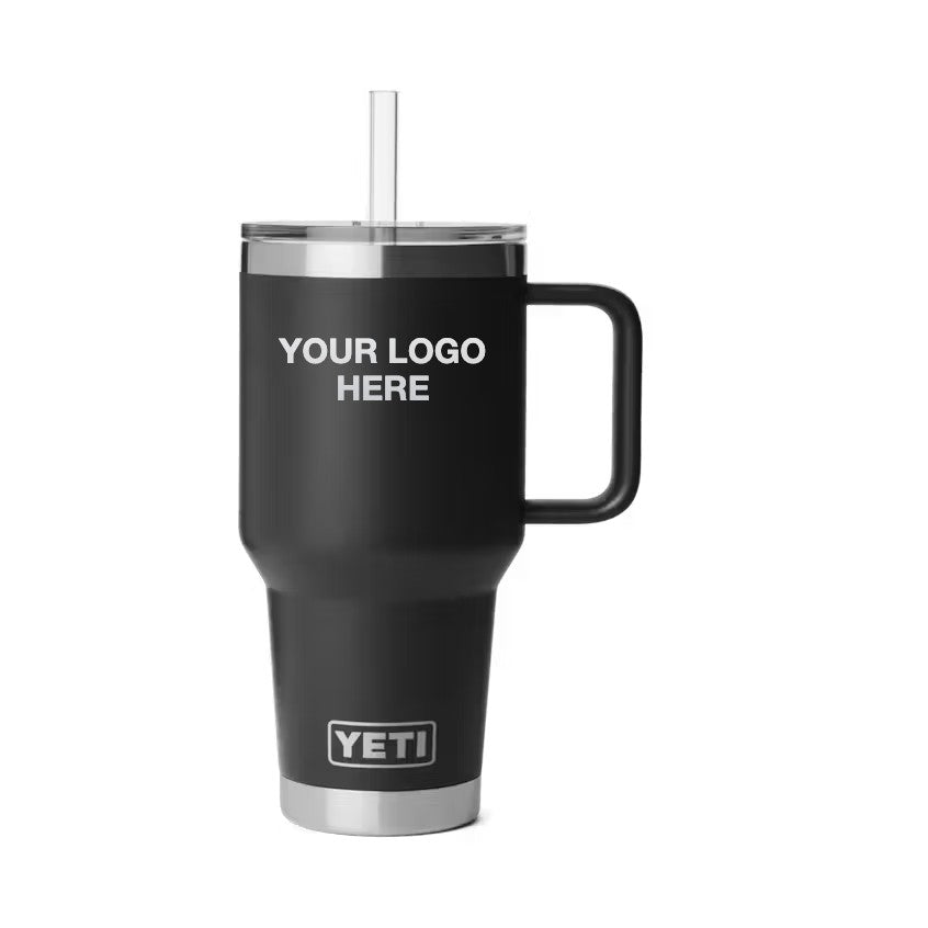 35 oz YETI Straw Mug in Black with Your Logo Here engraving area (sample mockup)
