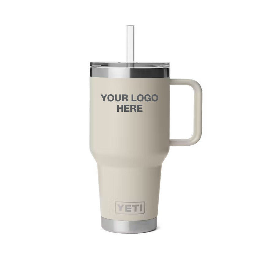 35 oz YETI Straw Mug in Cape Taupe with Your Logo Here engraving area (sample mockup)