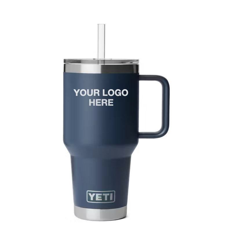 35 oz YETI Straw Mug in Navy with Your Logo Here engraving area (sample mockup)