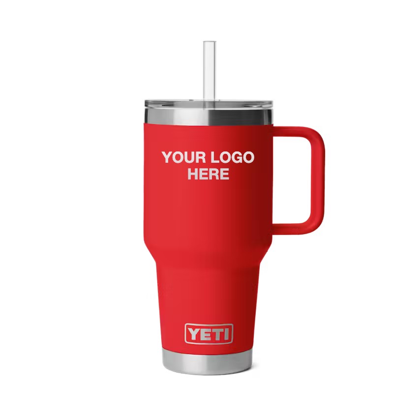 35 oz YETI Straw Mug in Red with Your Logo Here engraving area (sample mockup)