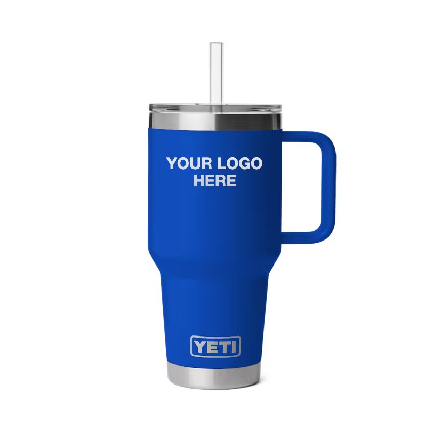 35 oz YETI Straw Mug in Royal Blue with Your Logo Here engraving area (sample mockup)