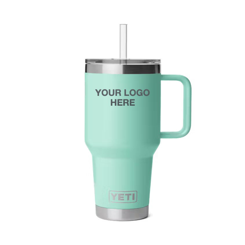35 oz YETI Straw Mug in Sea Foam with Your Logo Here engraving area (sample mockup)